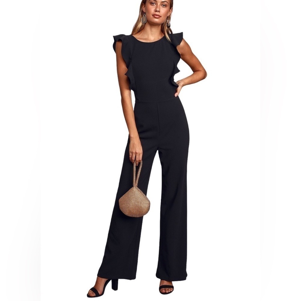 LULU’S Feel Your Love Black Ruffled Wide Leg Jumpsuit Size Medium in Black